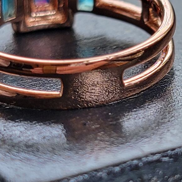 Rose Gold Plated Ring with Simulated Opal and Blue Stones - Size 9 - Picture 10 of 11
